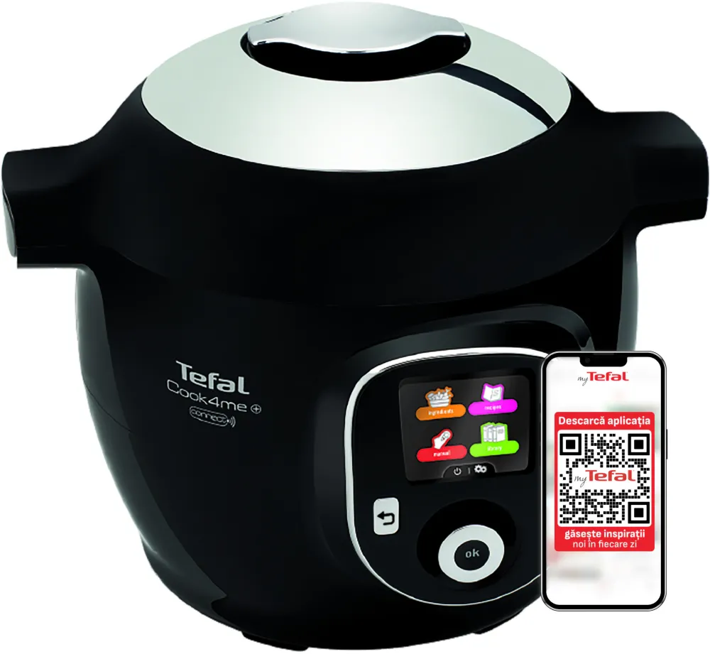 TEFAL Multicooker inteligent cu gatire sub presiune Cook4Me+ Connect CY855830, 6 moduri de gatire, 150 de retete, Compatibil cu aplicatia dedicata, Capacitate 6L, Vas cu invelis ceramic, Negru, 1600W