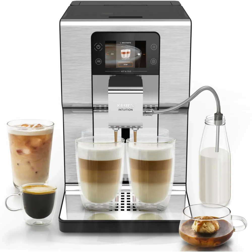 Espressor automat Krups Intuition Experience Hot&Cold EA879EE0, 1550W, presiune 15bari, capacitate rezervor apa 3L, 30retete, 13 trepte de macinare, tehnologie One Touch Cappuccino, ecran tactil, sistem Thermoblock Compact, oprire automata, argintiu&negru