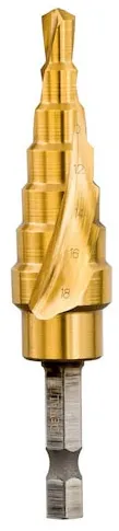 Burghiu in trepte (freza) impact HEX DeWALT DT5027, EXTREME, 8mm-18mm, Titaniu, gaurire si marire gauri in metal, potrivit pentru otel, metale feroase/neferoase, plastic, geometrie optimizata pentru gaurire precisa