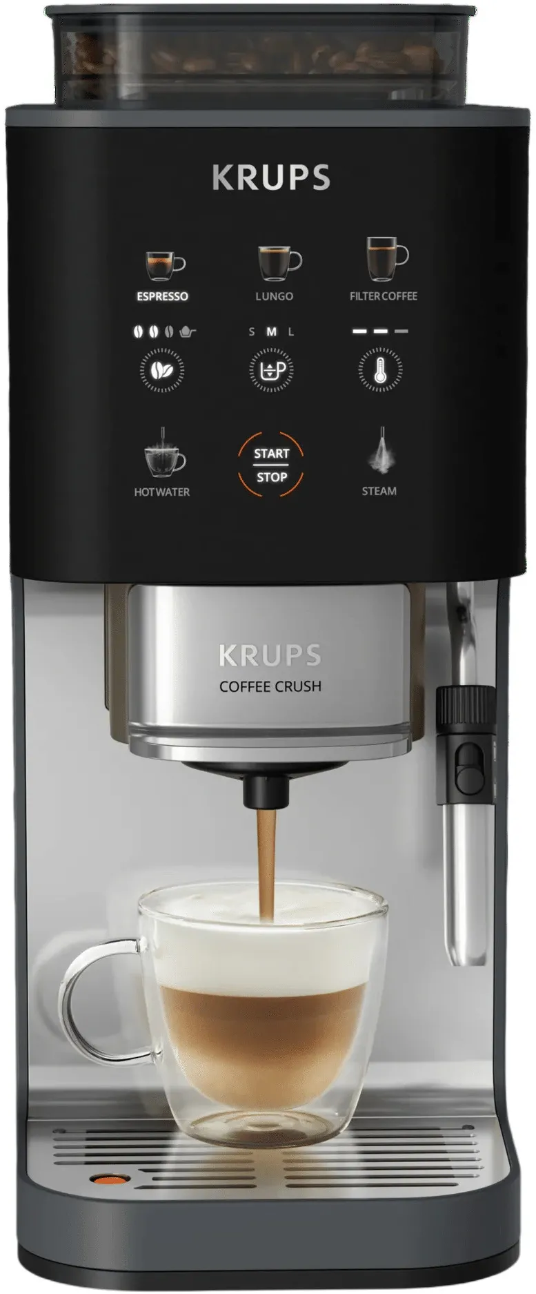 Espressor semi-automat Krups Coffee Crush Edition SA404BE1, 1370 W, 15 bari, rasnita conica din metal, sistem bean-to-cup, 6 retete one-touch, functie de spumare a laptelui, 3 trepte de temperatura, compatibil cafea macinata, negru & gri