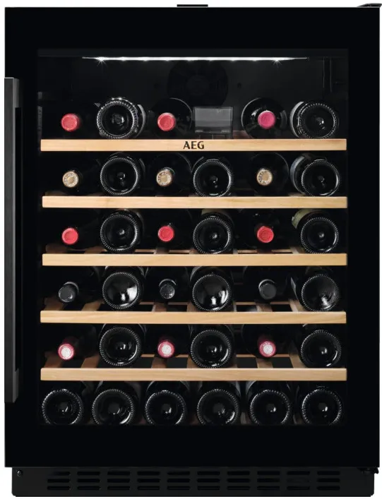 Racitor de vinuri incorporabil AEG AWS4020B5B, capacitate 20 sticle, raft lemn, control electronic, usa reversibila, clasa energetica G, Inaltime 82 cm, Sticla neagra