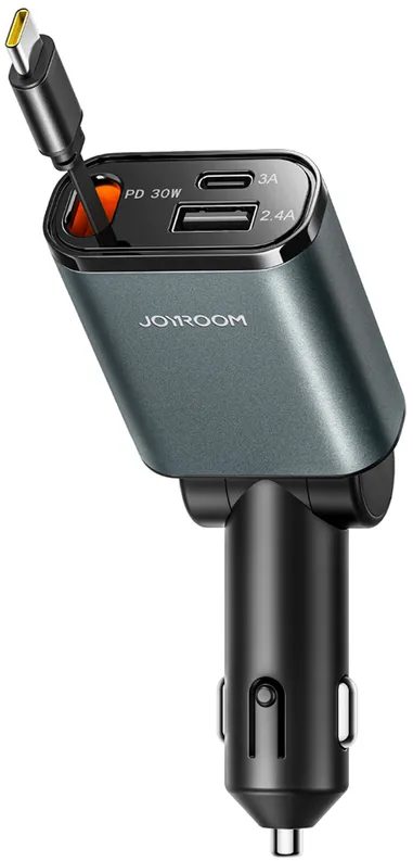 Joyroom JR-CCL07 3-in-1 Car Charger with Built-in Retractable Cable - Dark Gray