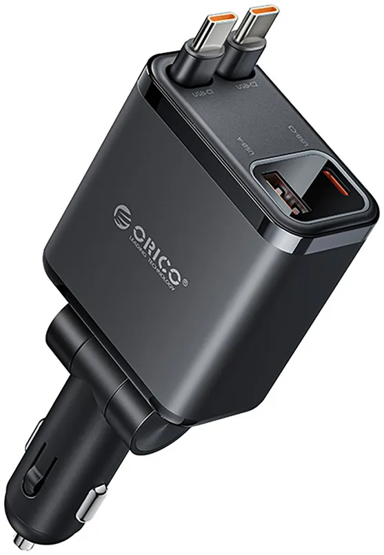 Orico Twin Reach 45W USB-A + USB-C Car Charger with Two Retractable USB-C Cables - Black