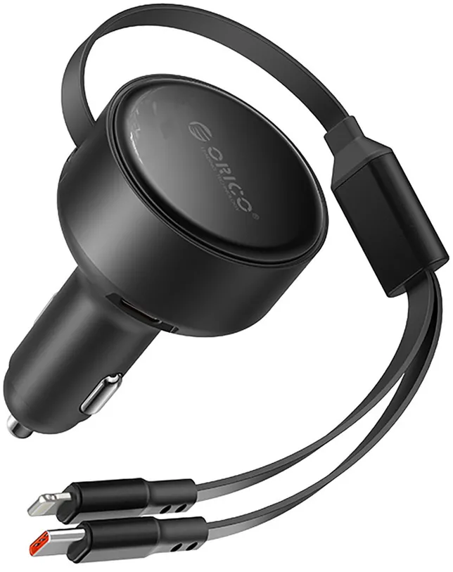 Orico Dual Stretch 60W USB-C Car Charger with Two Retractable USB-C + Lightning Cables - Black