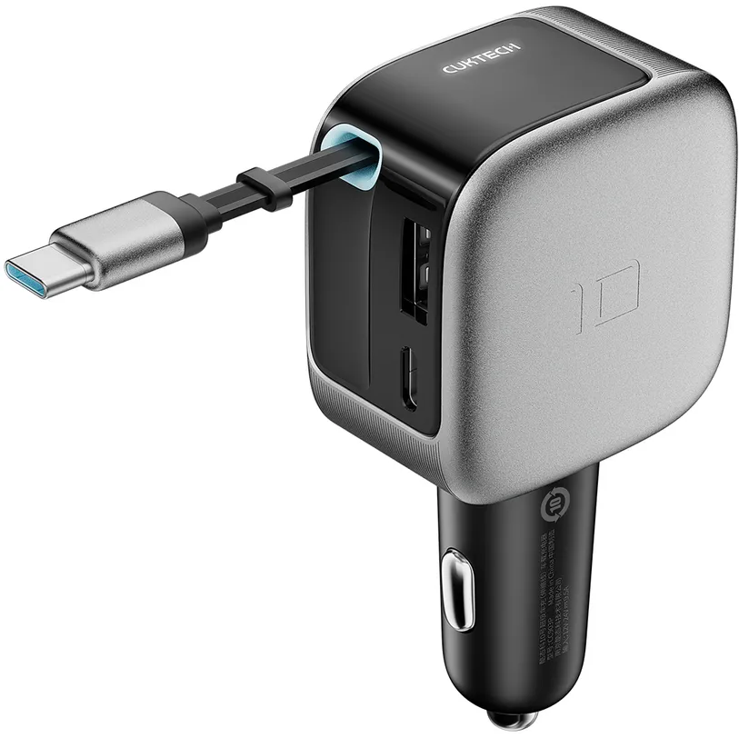 Cuktech CC903P 100W Car Charger with Display and 70cm Retractable USB-C Cable - Gray