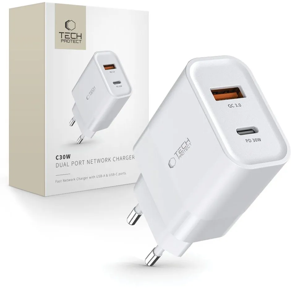 Tech-Protect C30W charger USB-C PD 30W / USB-A QC 3.0 - white