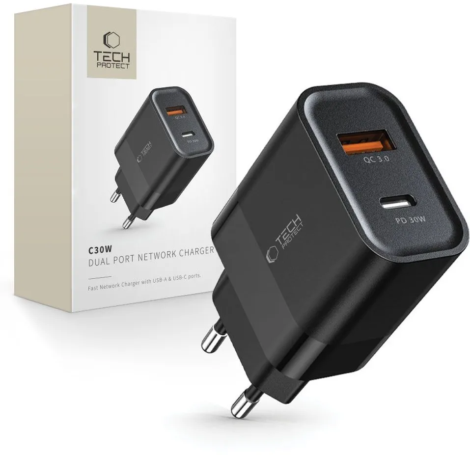 Tech-Protect C30W Charger USB-C PD 30W / USB-A QC 3.0 - Black