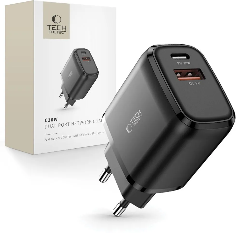 Tech-Protect C20W Charger USB-C PD 20W / USB-A QC 3.0 - Black