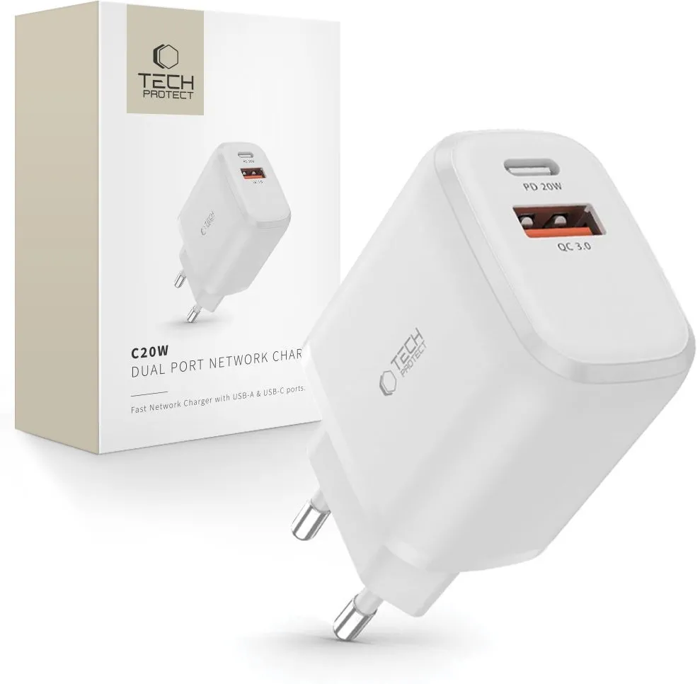Tech-Protect C20W charger USB-C PD 20W / USB-A QC 3.0 - white