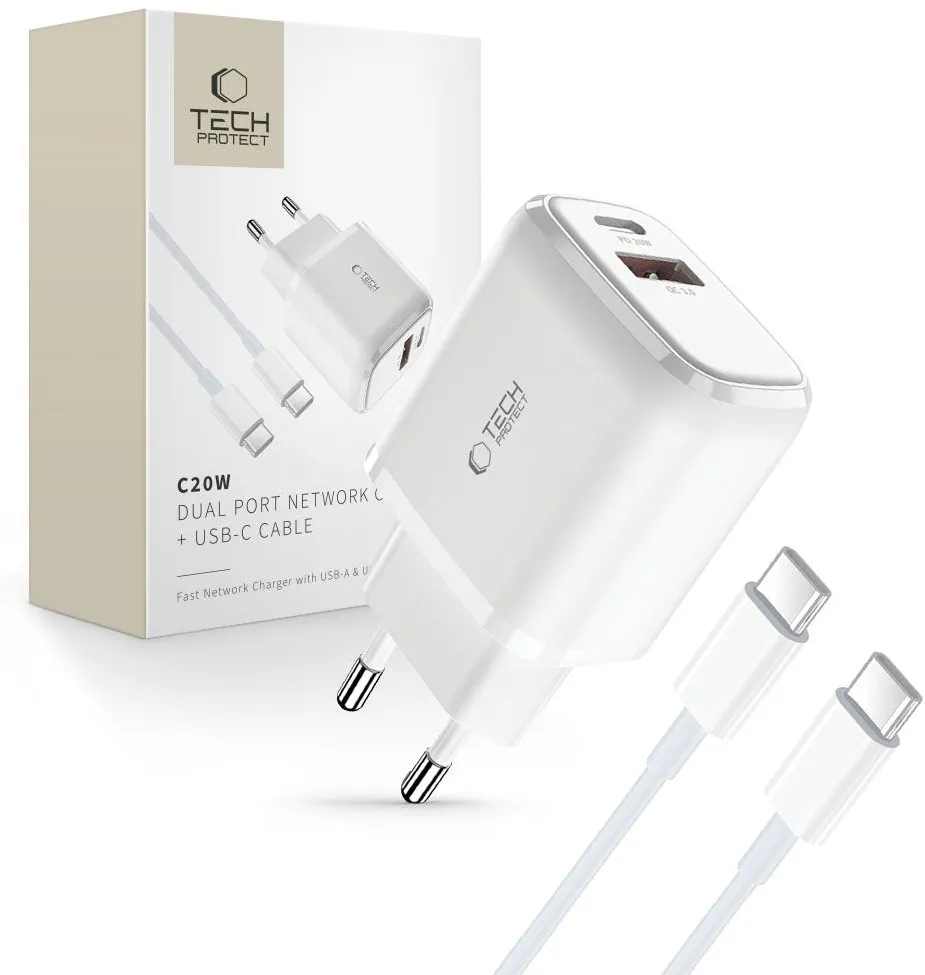 Tech-Protect C20W USB-C PD 20W / USB-A QC 3.0 charger with USB-C / USB-C cable - white