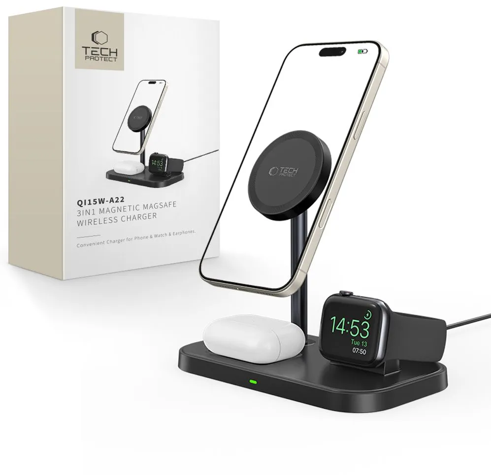 Tech-Protect QI15W-A22 MagSafe Inductive Charger with 3in1 MagSafe Stand for Smartphone / Apple Watch / AirPods - Black