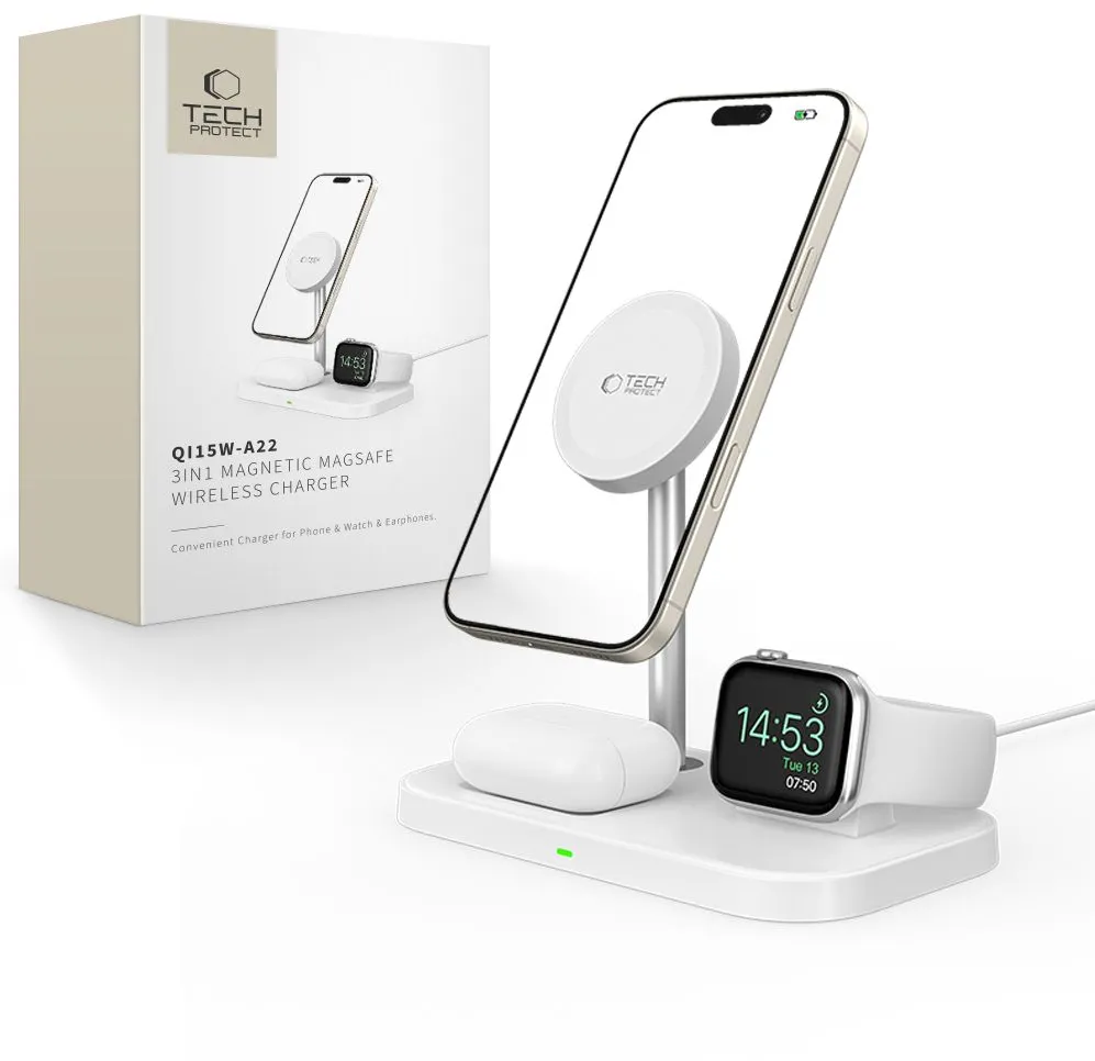 Tech-Protect QI15W-A22 MagSafe inductive charger with 3in1 MagSafe stand for smartphone / Apple Watch / AirPods - white