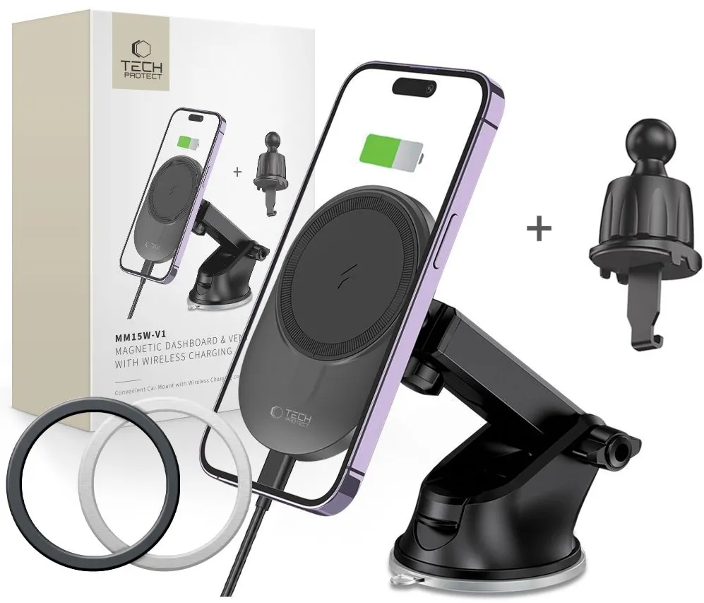 Tech-Protect MM15W-V1 Car Phone Holder with MagSafe 15W Wireless Charger for Cockpit/Air Vent - Black