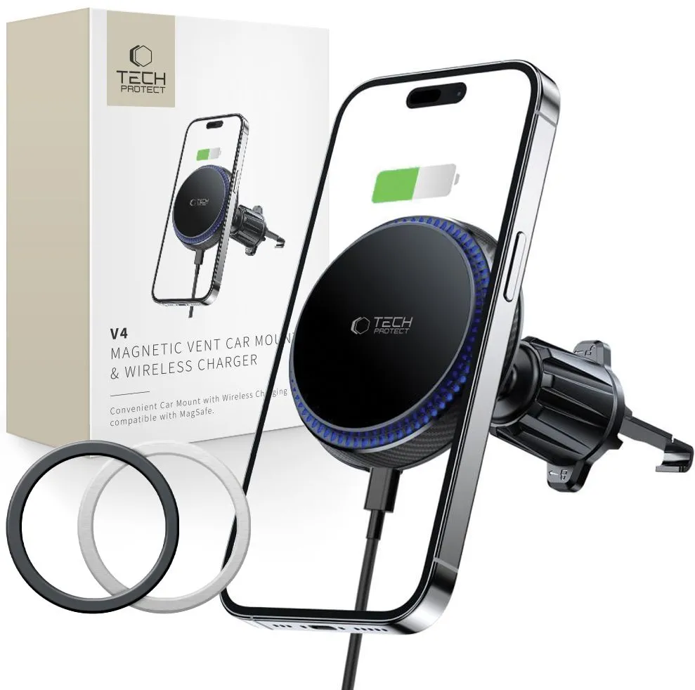 Tech-Protect MM15W-V4 Car Phone Holder with MagSafe 15W Inductive Charger for Air Vent - Black