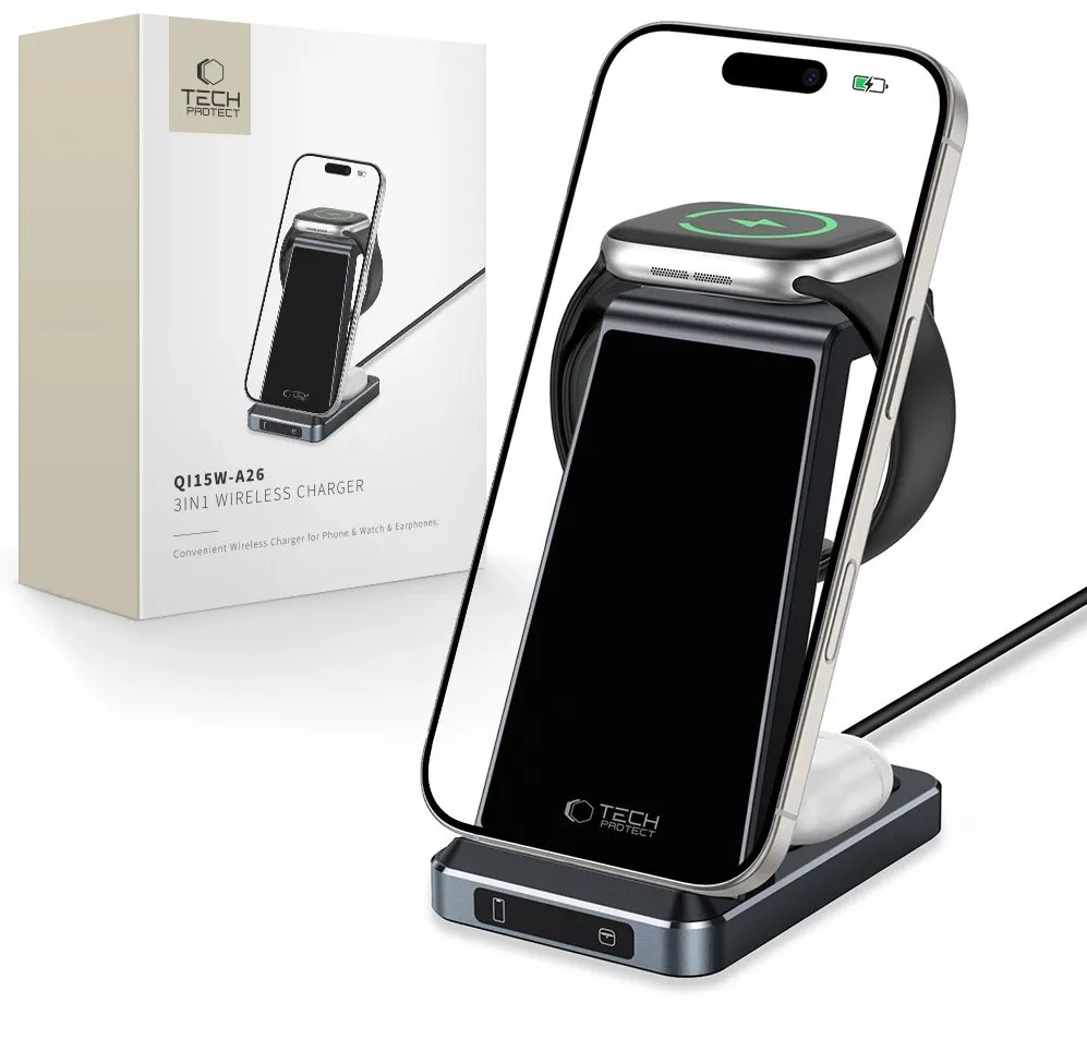 Tech-Protect QI15W-A26 Inductive Charger 15W 3in1 for Smartphone / Headphones / Apple Watch - Black