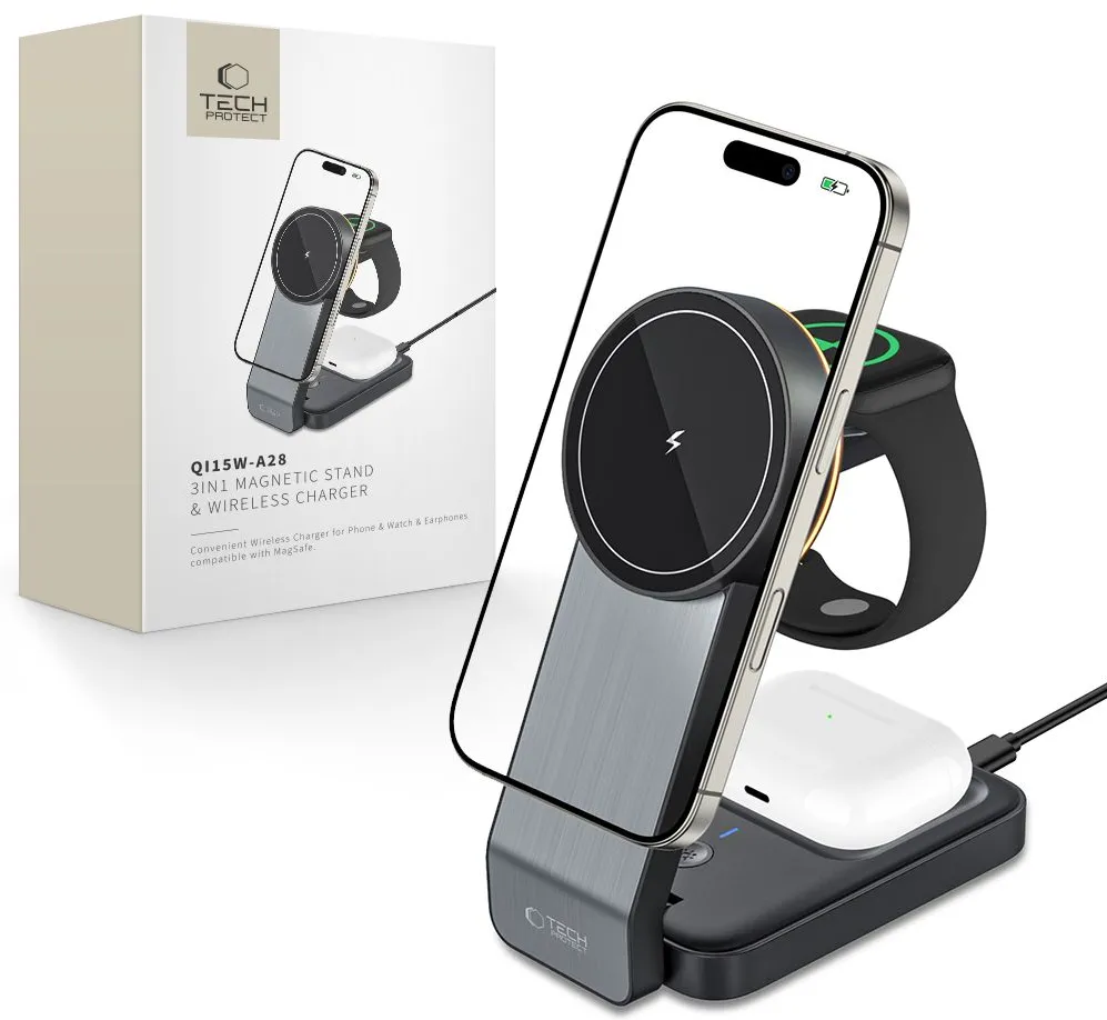 Tech-Protect QI15W-A28 MagSafe 3in1 Inductive Charger with Smartphone / Apple Watch / AirPods Stand - Black
