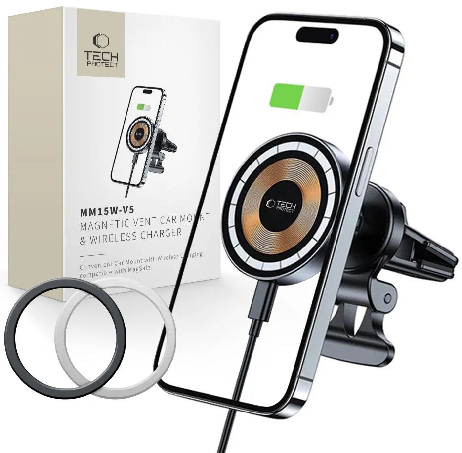 Tech-Protect MM15W-V5 Car Phone Holder with MagSafe 15W Inductive Charger for Air Vent - Black