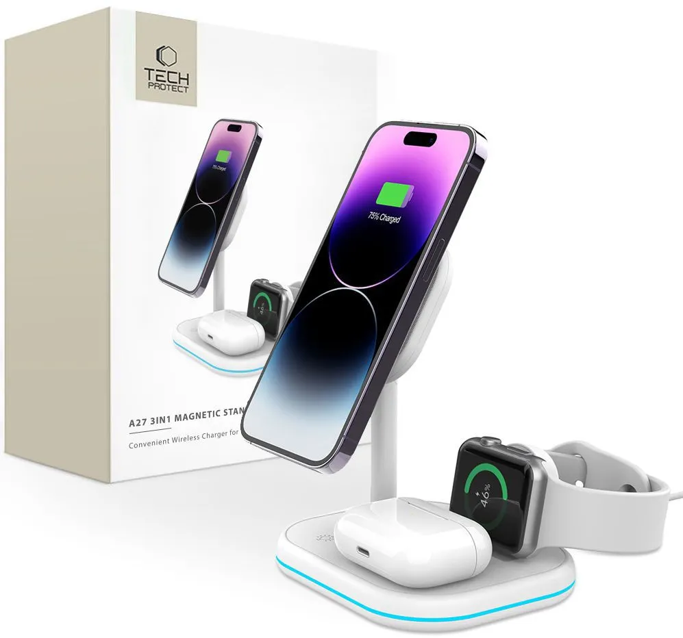 Tech-Protect QI15W-A27 3-in-1 inductive charger with MagSafe stand for smartphone / Apple Watch / AirPods - white