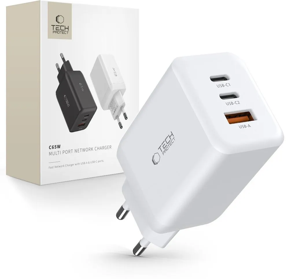 Tech-Protect C65W charger 2x USB-C PD 65W / USB-A QC 3.0 - white