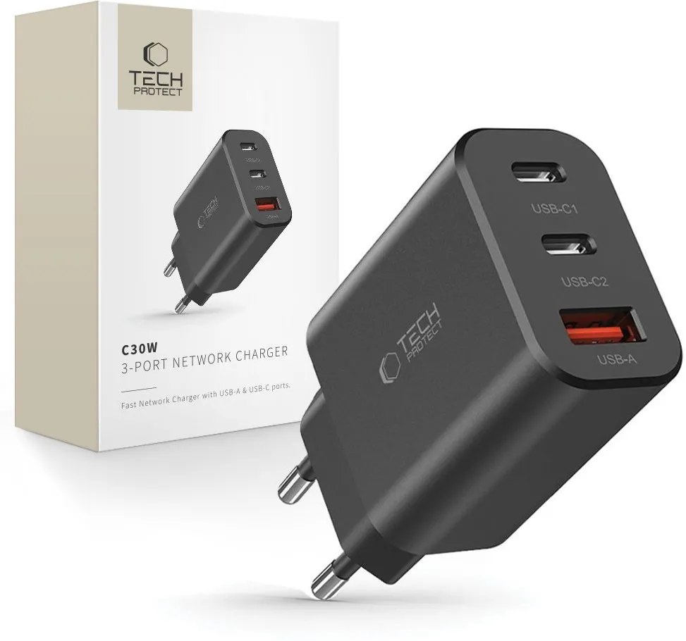 Tech-Protect NC30W charger 2x USB-C PD 30W / USB-A QC 3.0 - black
