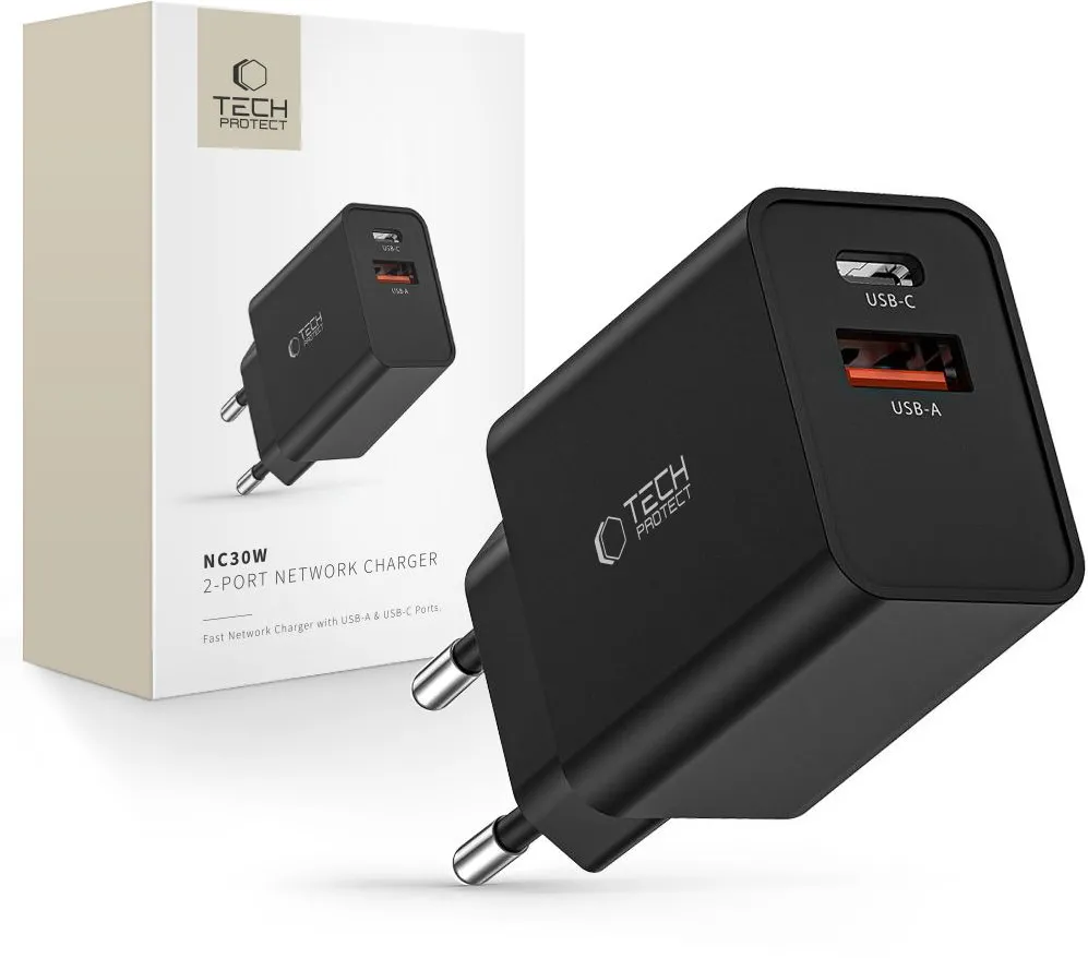 Tech-Protect NC30W Charger USB-C PD 30W / USB-A QC 3.0 - Black