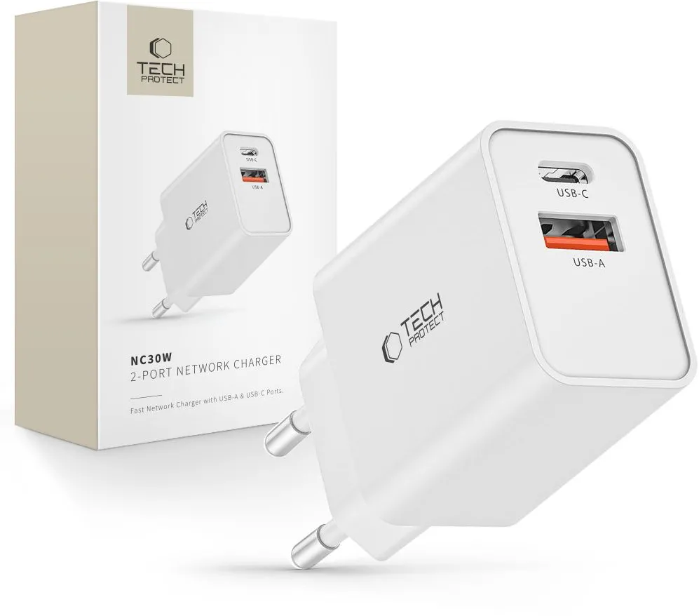 Tech-Protect NC30W USB-C PD 30W / USB-A QC 3.0 charger - white