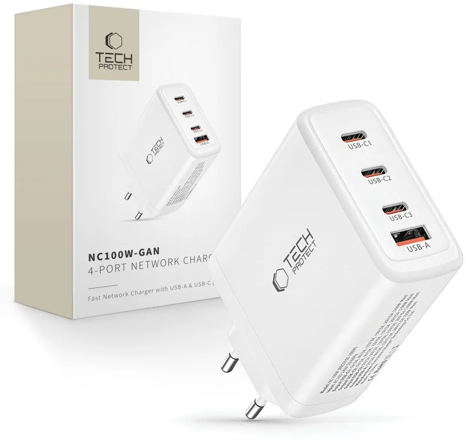 Tech-Protect NC100W-GAN charger GaN 3x USB-C PD 100W / USB-A QC 3.0 - white