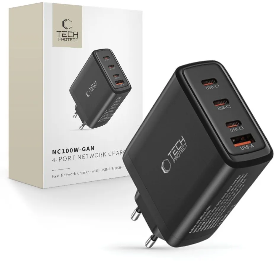 Tech-Protect NC100W-GAN charger network GaN 3x USB-C PD 100W / USB-A QC 3.0 - black