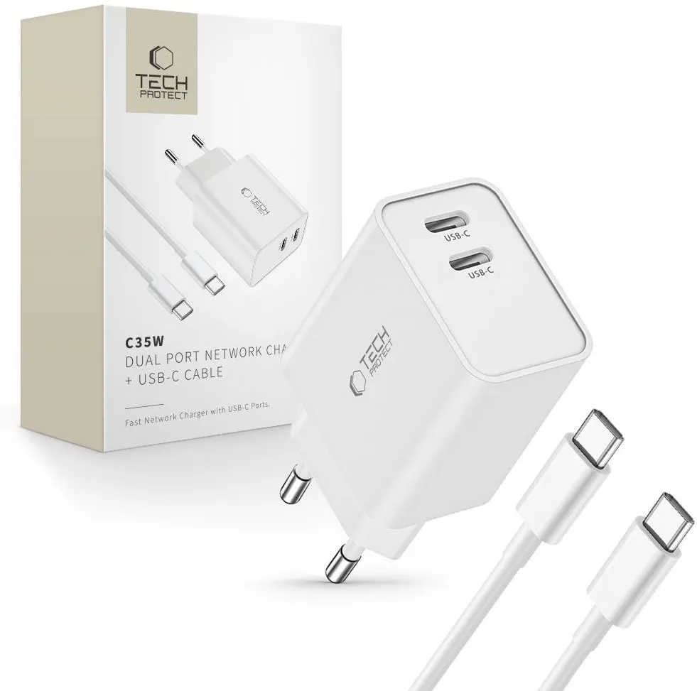 Tech-Protect C35W 2x USB-C PD 35W charger with USB-C / USB-C cable - white