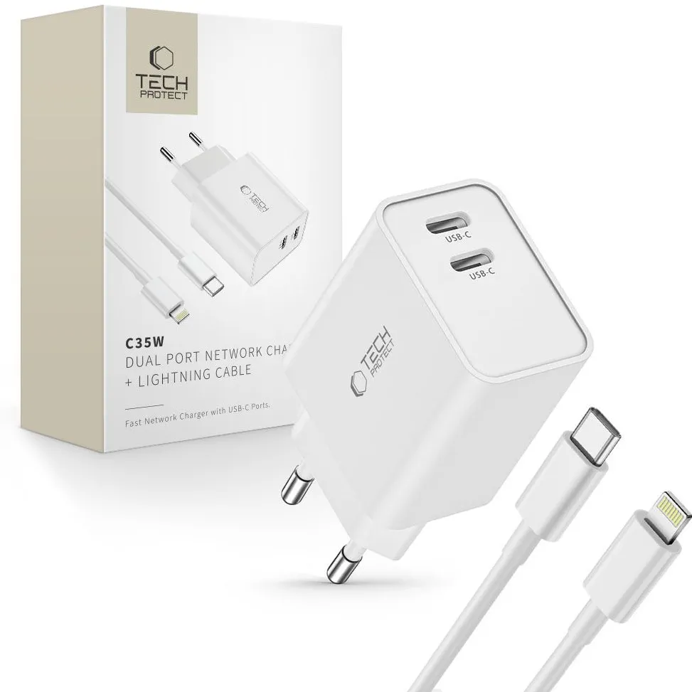 Tech-Protect C35W 2x USB-C PD 35W Wall Charger with USB-C / Lightning Cable - White