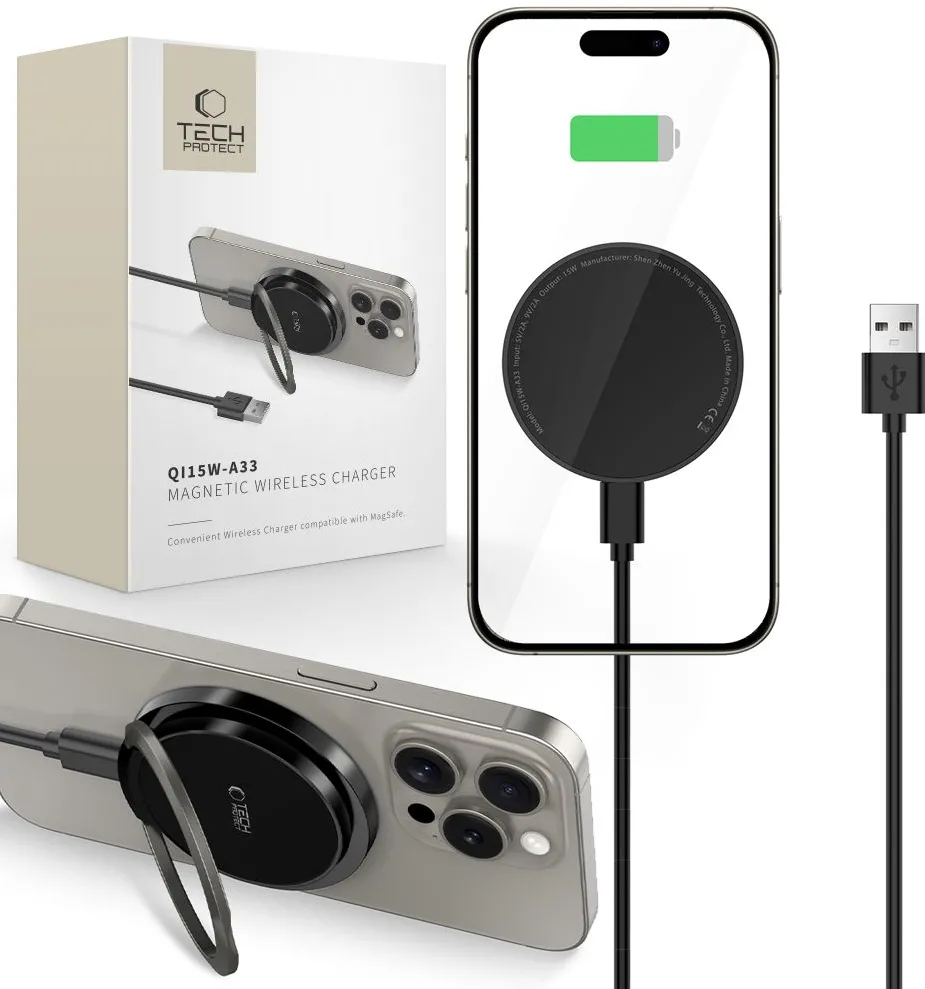 Tech-Protect QI15W-A33 Inductive Charger with MagSafe and Stand with USB-A / USB-C Cable - Black