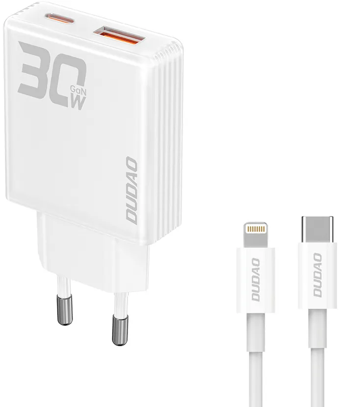GaN Dudao A30EUL 30W USB-A / USB-C Wall Charger + USB-C - Lightning Cable - White