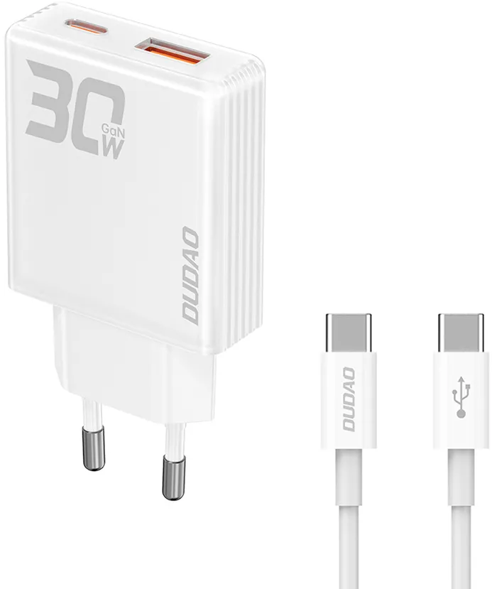 GaN Dudao A30EUT 30W USB-A / USB-C Wall Charger + USB-C - USB-C Cable - White