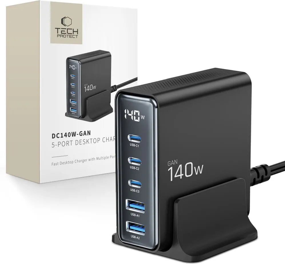 Tech-Protect DC140W-GAN 5-PORT PD140W/QC3.0 Charging Station - Black