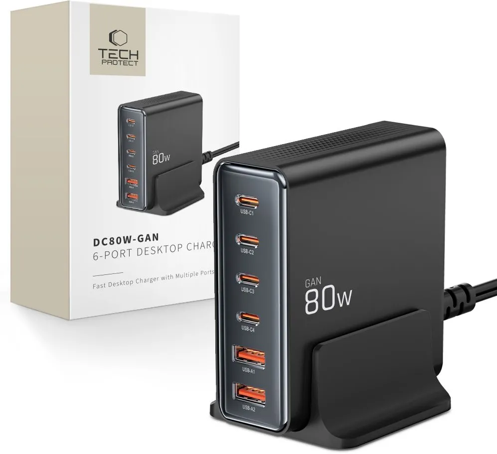 Tech-protect DC80W-GAN 6-PORT PD80W/QC3.0 Charging Station - Black