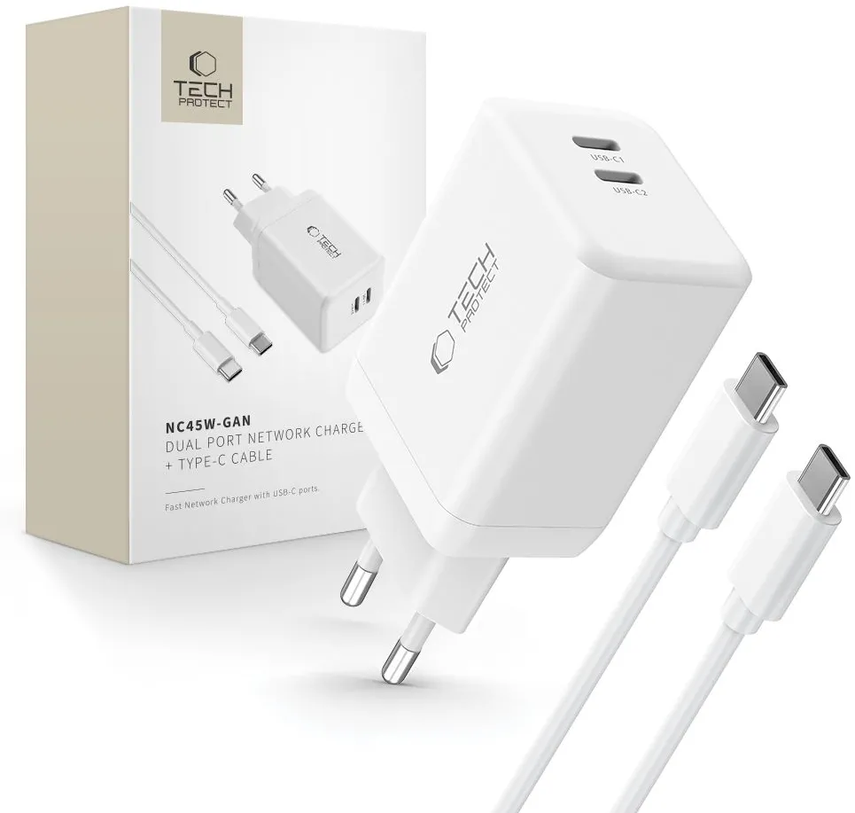 Tech-Protect NC45W-GAN 2-PORT PD45W Charger + TYPE-C CABLE - white