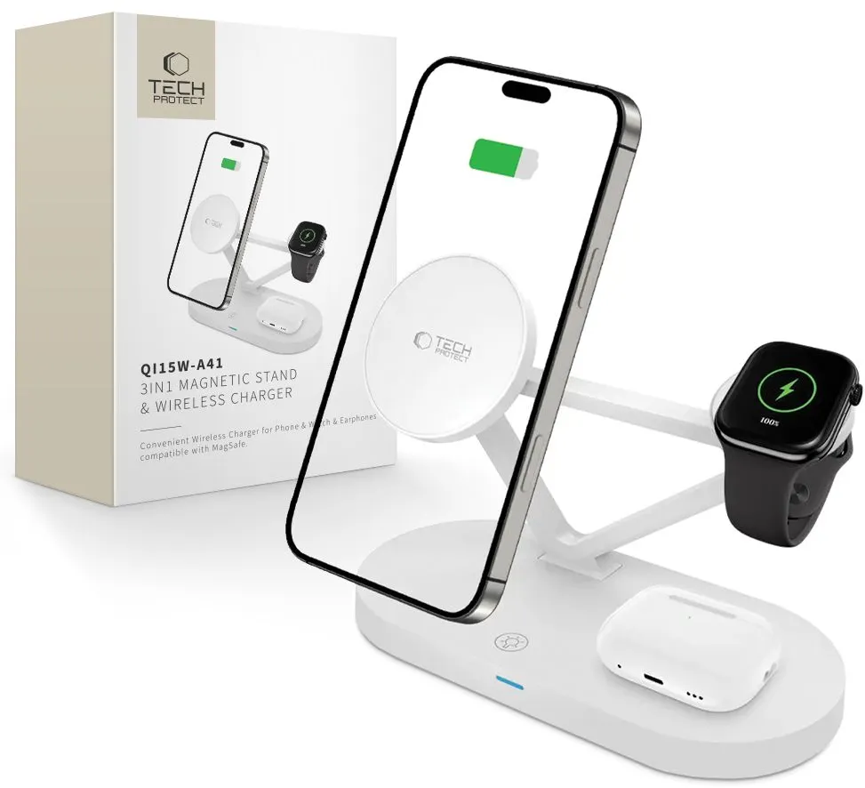 Tech-Protect QI15W-A41 3in1 Wireless Charger with MagSafe for Apple Devices - White