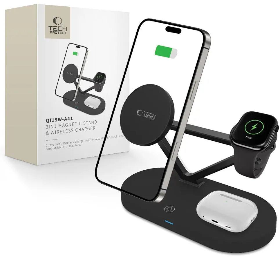 Tech-Protect QI15W-A41 3in1 Wireless Charger with MagSafe for Apple Devices - Black