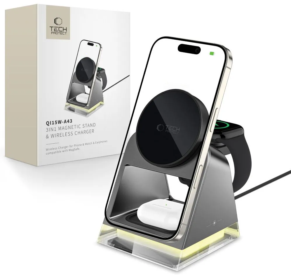 Tech-Protect QI15W-A43 3in1 Wireless Charger with MagSafe for Apple Devices - Black