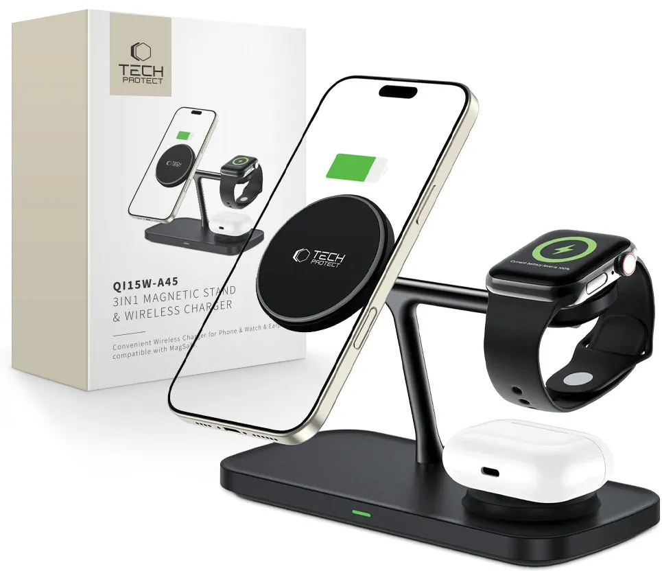 Tech-Protect QI15W-A45 3in1 Wireless Charger with MagSafe for Apple Devices - Black