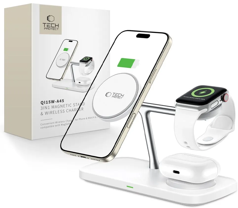Tech-Protect QI15W-A45 3in1 Wireless Charger with MagSafe for Apple Devices - White