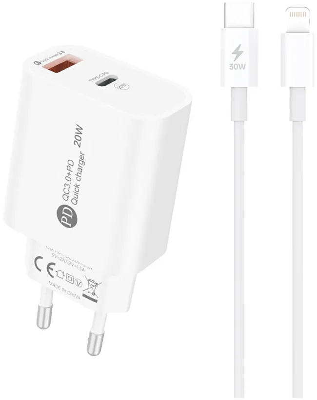 A6MaxL 20W USB-A USB-C Wall Charger with 1m USB-C - Lightning Cable - White