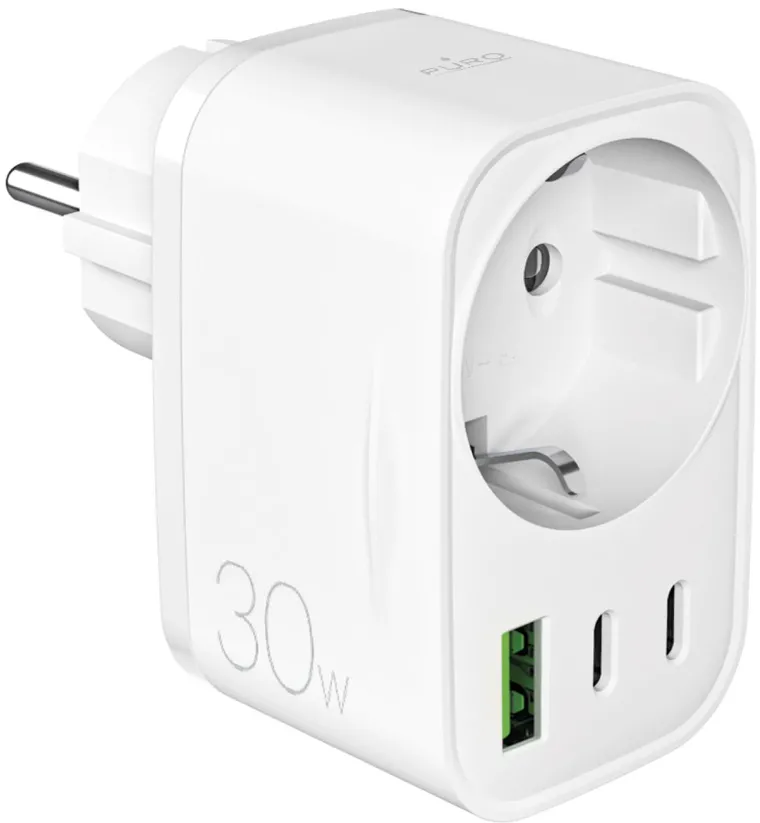 Puro 30W Power Delivery Charger with Schuko Plug and Socket 2x USB-C + 1x USB-A - White