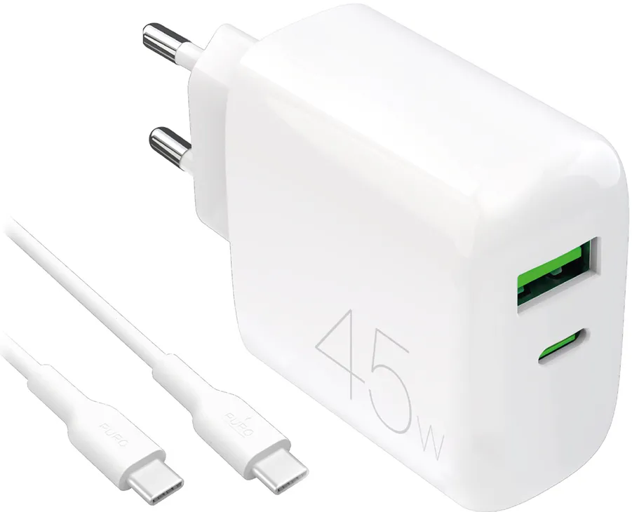 Puro Daily Prolite 45W USB-C USB-A Power Delivery Charger with USB-C Cable - White