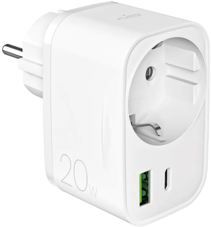 Puro 20W Power Delivery Charger with Schuko Plug and Socket 1x USB-C + 1x USB-A - White