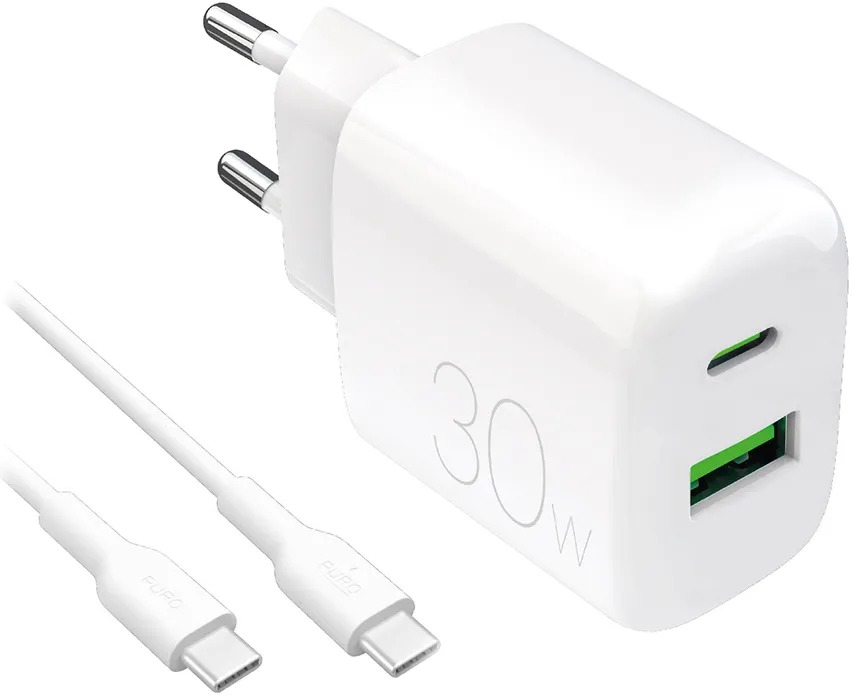 Puro PROLITE 30W USB-A / USB-C wall charger + USB-C - USB-C cable 1.2m - white
