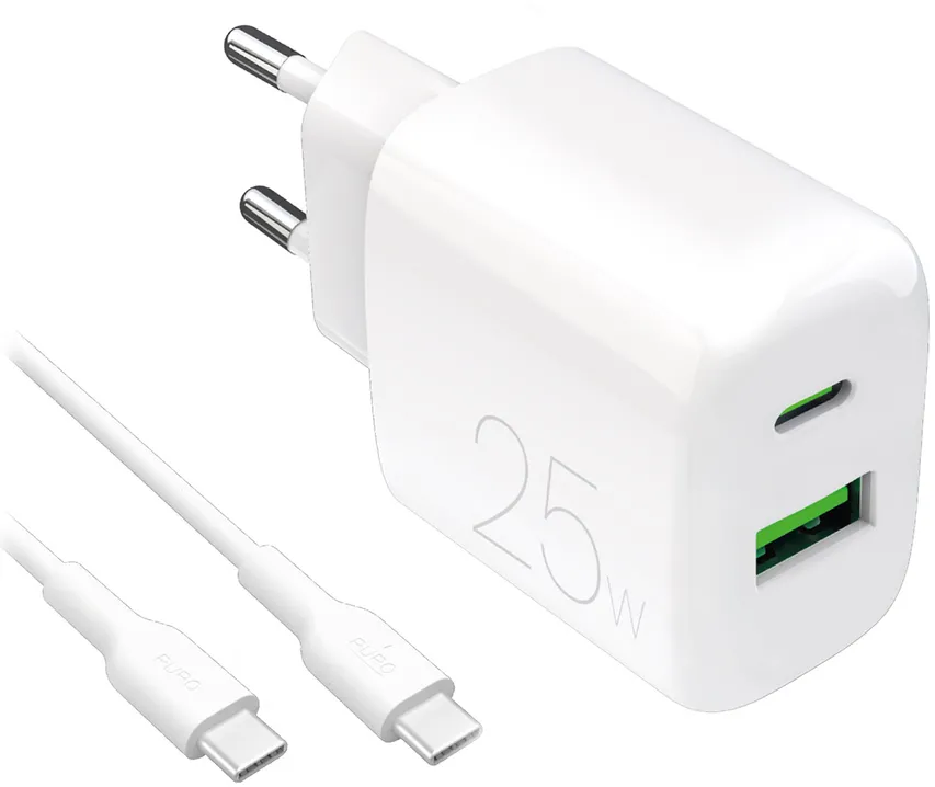 Puro PROLITE 25W USB-A / USB-C wall charger + USB-C - USB-C cable 1.2m - white
