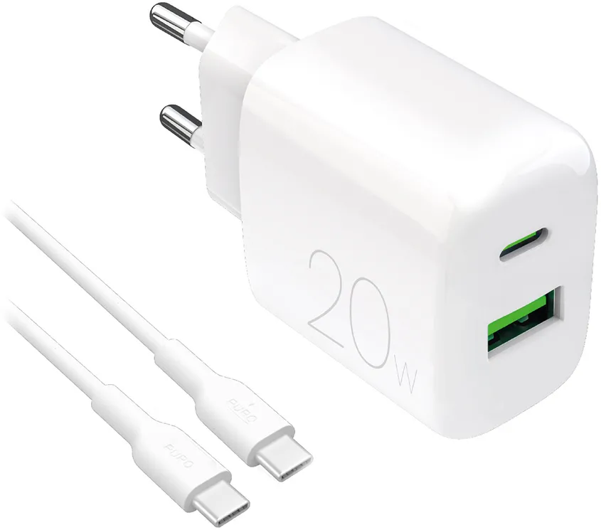 Puro PROLITE 20W USB-A / USB-C wall charger + USB-C - USB-C cable 1.2m - white