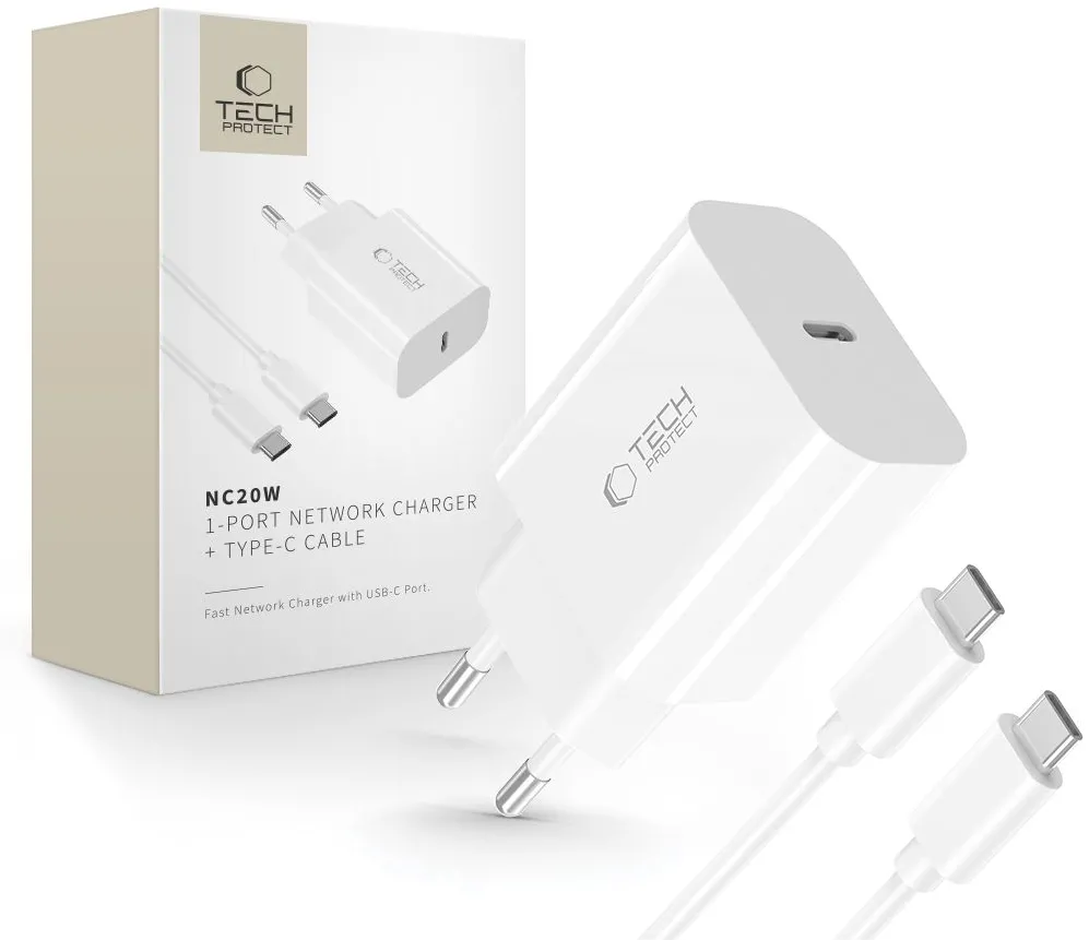 Tech-Protect NC20W PD20W USB-C wall charger with USB-C cable - white