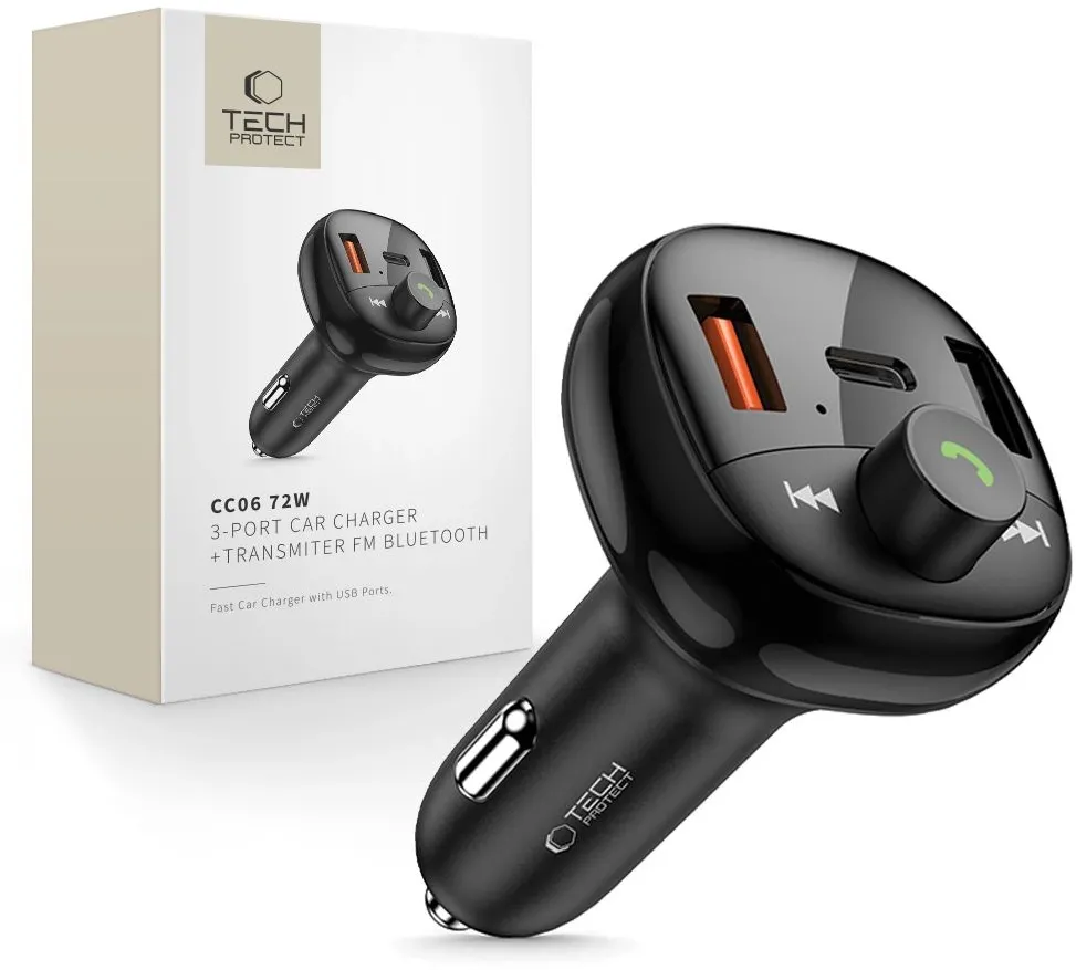 Tech-Protect CC06 3-port PD72W car charger with transmitter - black